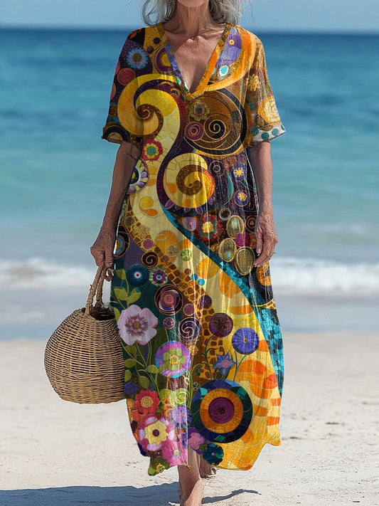 Vintage col en V Floral Art Print élégant et chic robe midi lâche A / S