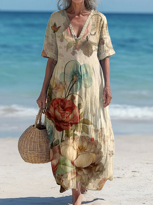 Vintage col en V Floral Art Print élégant et chic robe midi lâche A / S