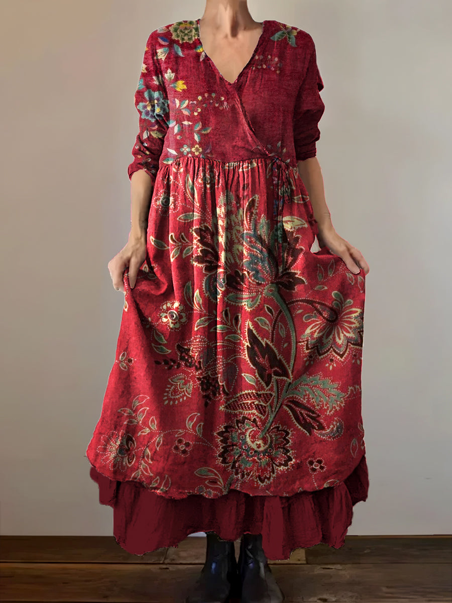 Vintage col en V bohème imprimé floral élégant Chic lâche Midi robe A / S