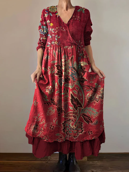 Vintage col en V bohème imprimé floral élégant Chic lâche Midi robe A / S