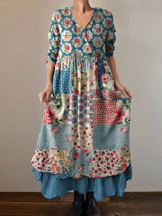 Vintage col en V bohème imprimé floral élégant Chic lâche Midi robe A / S