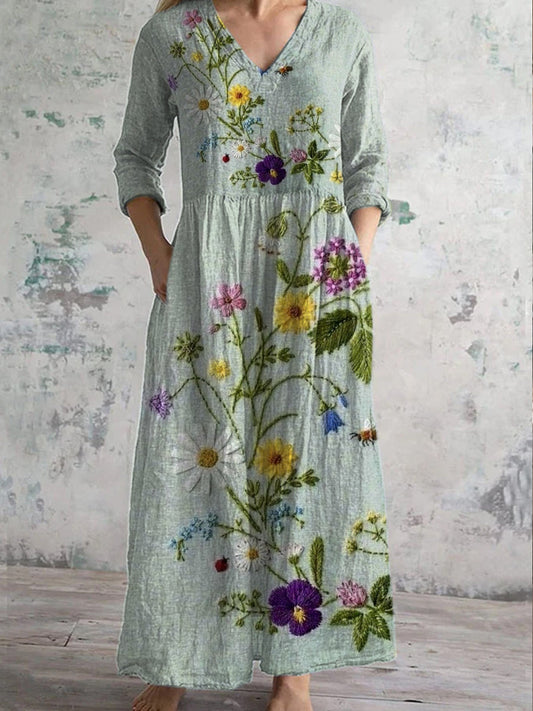 Rétro Mode Floral Imprimer Décontracté Midi Robe comme image / S