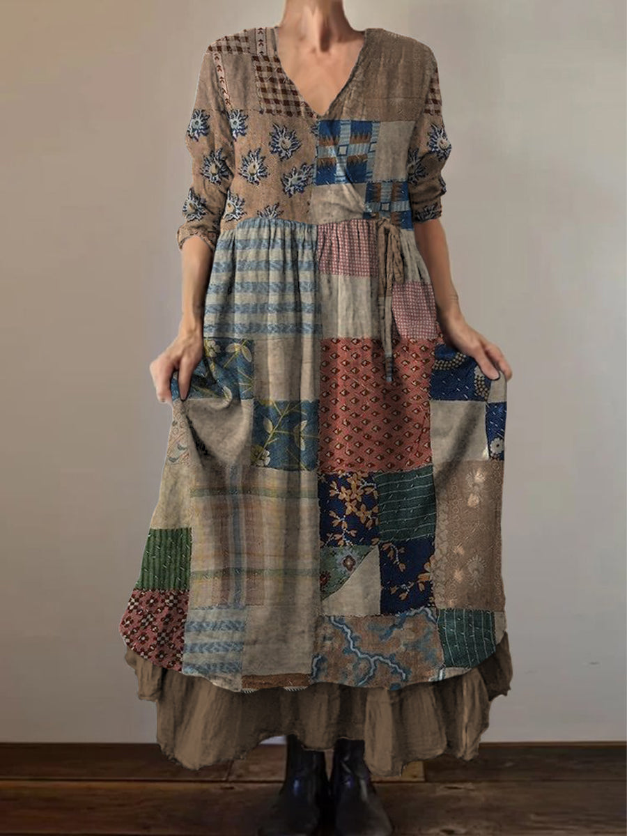 Rétro Boho Floral Art Print Vintage V-cou Double ourlet en coton à manches longues Midi Dress A / S