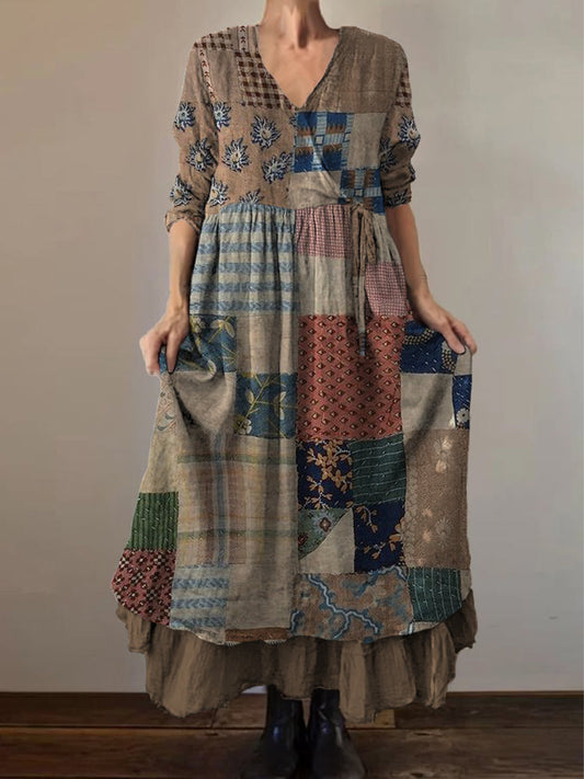 Rétro Boho Floral Art Print Vintage V-cou Double ourlet en coton à manches longues Midi Dress A / S