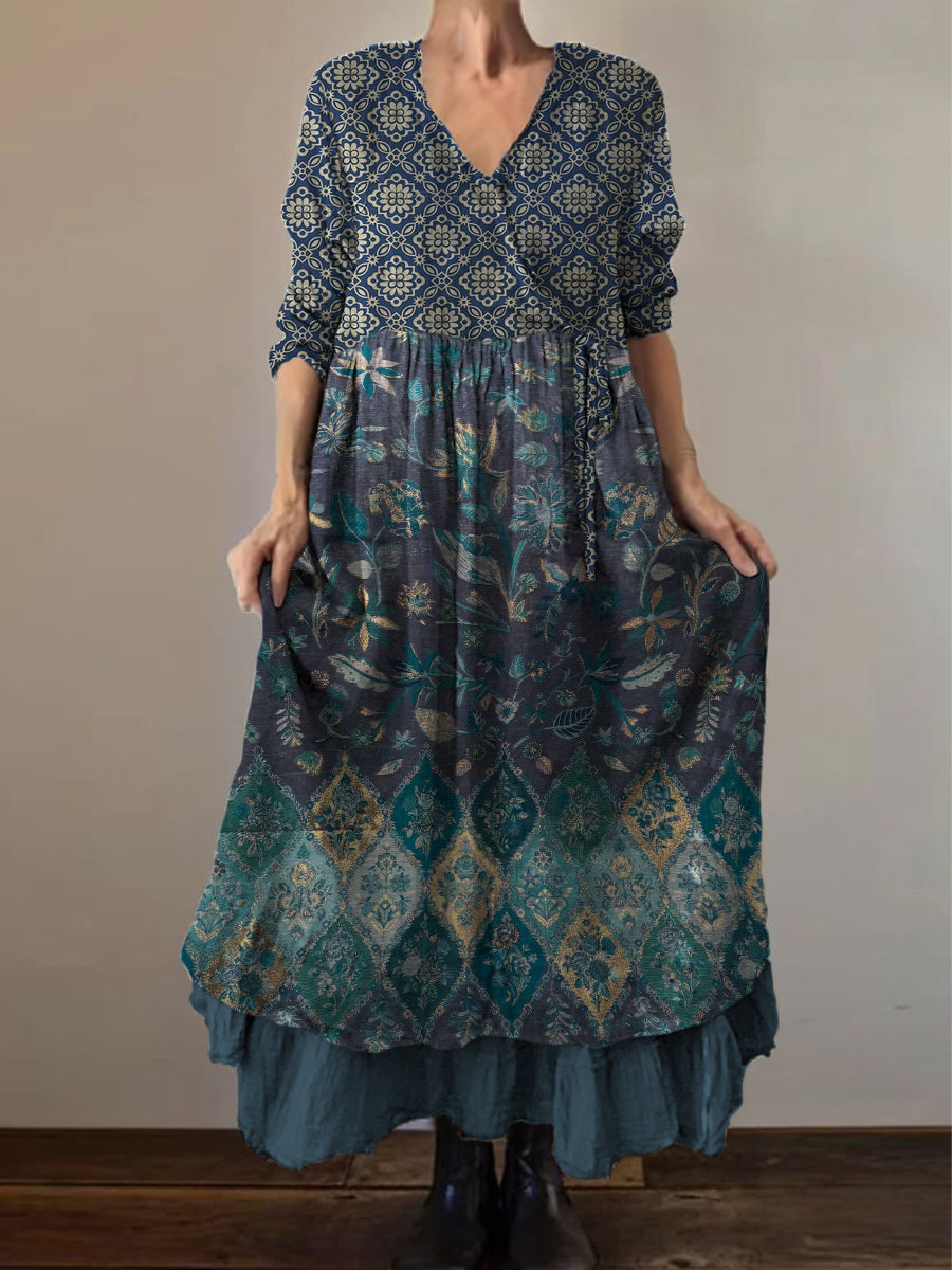 Rétro Boho Floral Art Print Vintage V-cou Double ourlet en coton à manches longues Midi Dress A / S