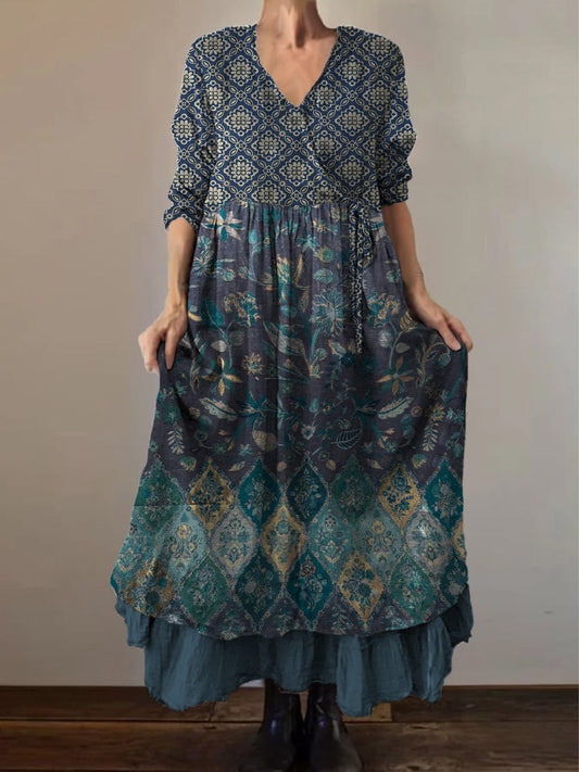 Rétro Boho Floral Art Print Vintage V-cou Double ourlet en coton à manches longues Midi Dress A / S