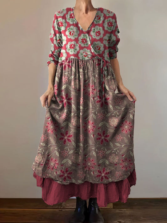 Vintage col en V bohème imprimé floral élégant Chic Loose Midi Dress A / S