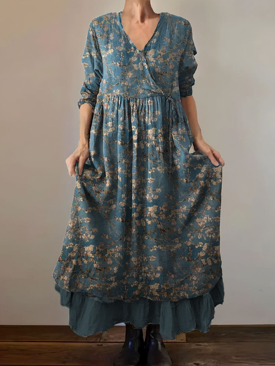 Vintage col en V bohème imprimé floral élégant Chic Loose Midi Dress A / S