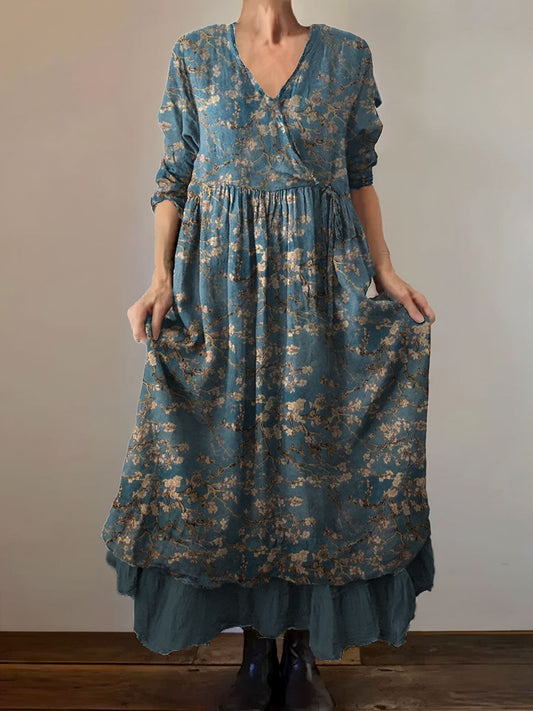 Vintage col en V bohème imprimé floral élégant Chic Loose Midi Dress A / S