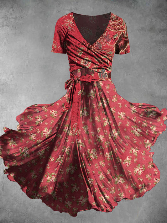 Style bohème rétro Art floral imprimé col en V manches courtes deux pièces robe mi-longue A / S