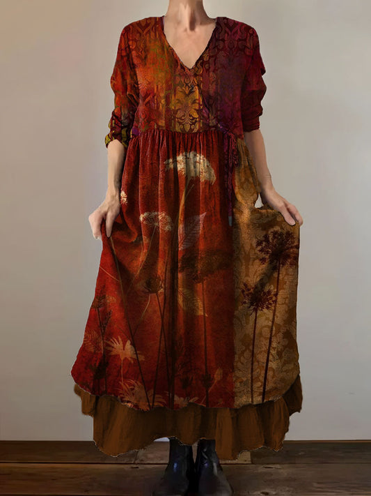 Vintage col en V bohème imprimé floral élégant Chic Loose Midi Dress A / S