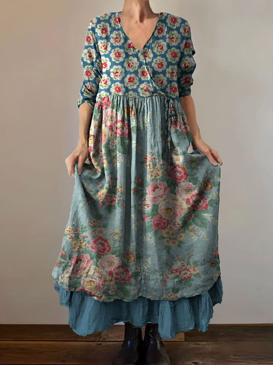 Vintage col en V bohème imprimé floral élégant Chic Loose Midi Dress A / S