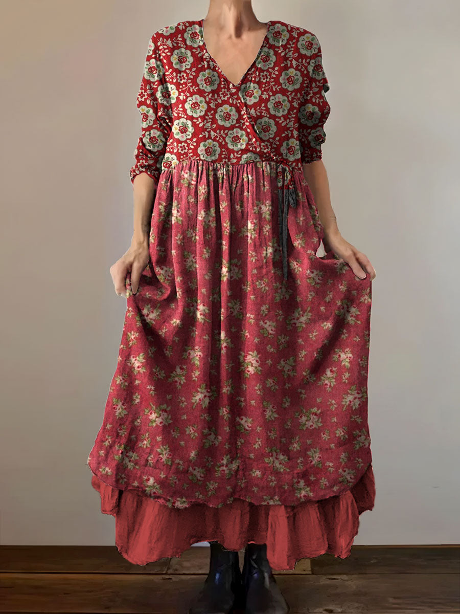 Vintage col en V bohème imprimé floral élégant Chic Loose Midi Dress A / S