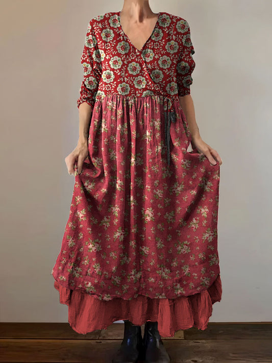 Vintage col en V bohème imprimé floral élégant Chic Loose Midi Dress A / S