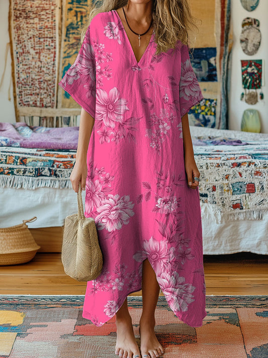 Vintage col en V Floral Art Print élégant et chic robe midi lâche A / S