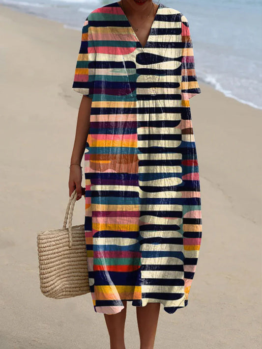Rétro géométrique Figure imprimé col en V Vintage lâche manches courtes robe Midi A / S