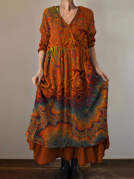 Retro Boho Floral Print Vintage col en V Double ourlet en coton à manches longues Midi Dress A / S