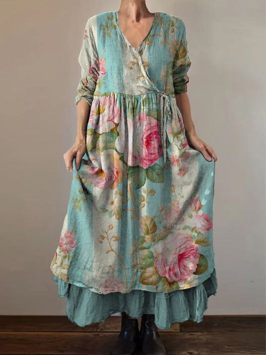 Retro Boho Floral Print Vintage col en V Double ourlet en coton à manches longues Midi Dress A / S