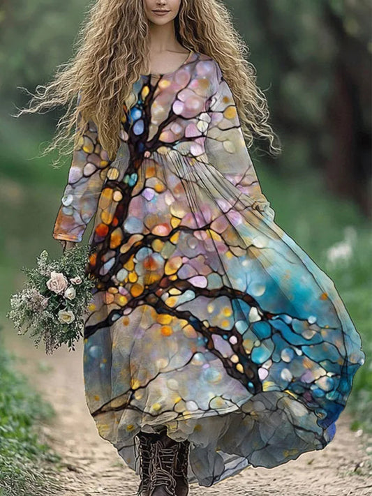 Rétro Boho Imprimé Floral Vintage Col Rond Double Ourlet Coton Manches Longues Midi Robe A / S