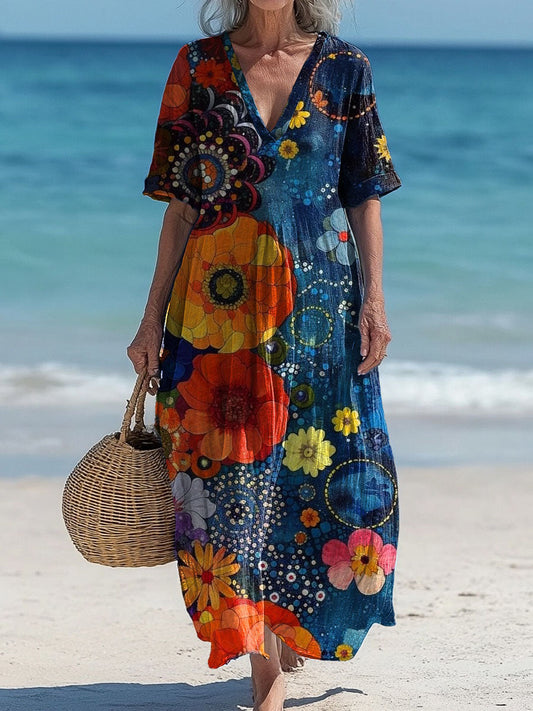 Vintage col en V bohème imprimé floral élégant Chic Loose Midi Dress A / S