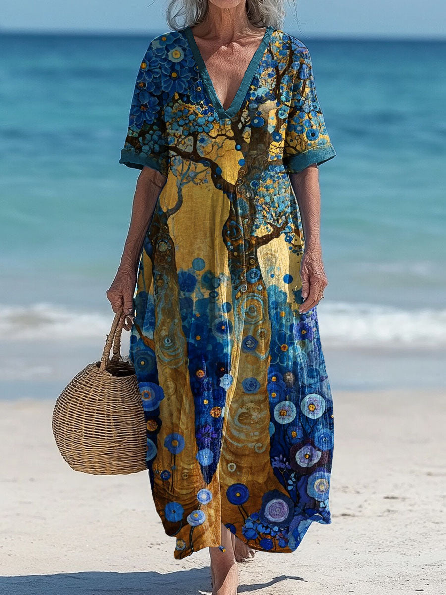 Vintage col en V bohème imprimé floral élégant Chic Loose Midi Dress A / S