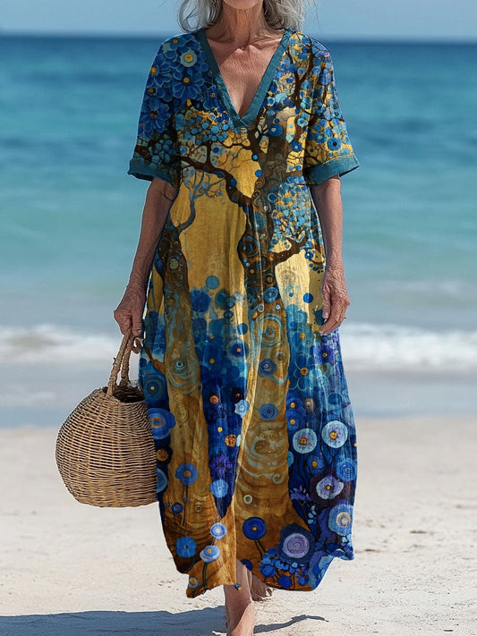 Vintage col en V bohème imprimé floral élégant Chic Loose Midi Dress A / S