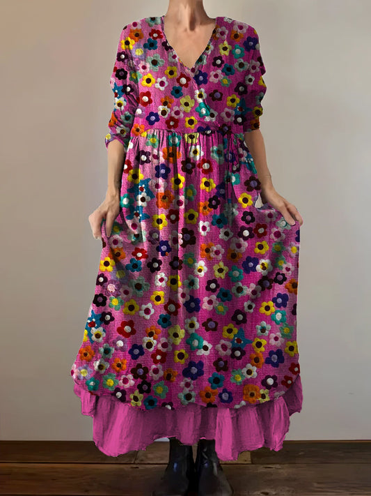 Vintage col en V bohème imprimé floral élégant Chic Loose Midi Dress A / S