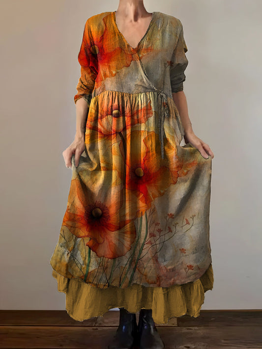 Vintage col en V bohème imprimé floral élégant Chic Loose Midi Dress A / S