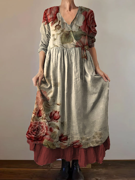 Vintage col en V bohème imprimé floral élégant Chic Loose Midi Dress A / S
