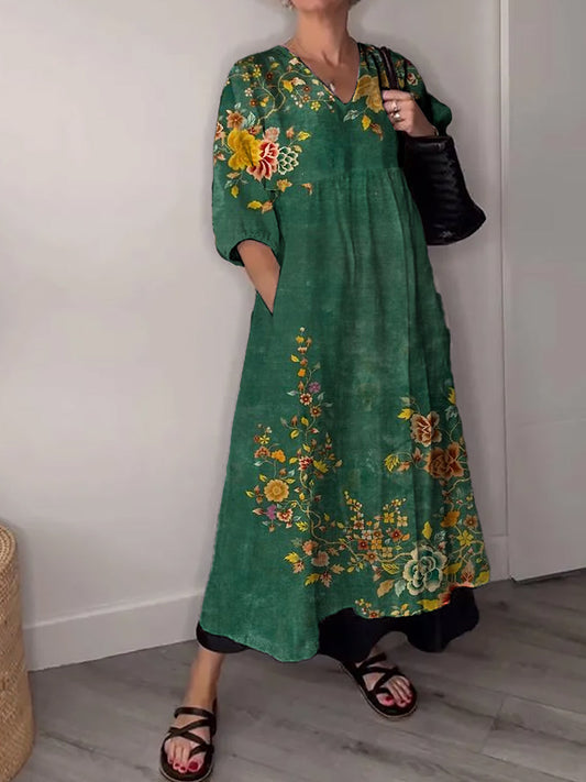 Vintage col en V bohème imprimé floral élégant Chic Loose Midi Dress A / S