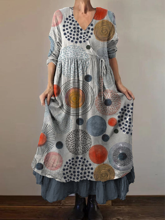 Retro Boho Floral Print Vintage col en V Double ourlet en coton à manches longues Midi Dress A / S