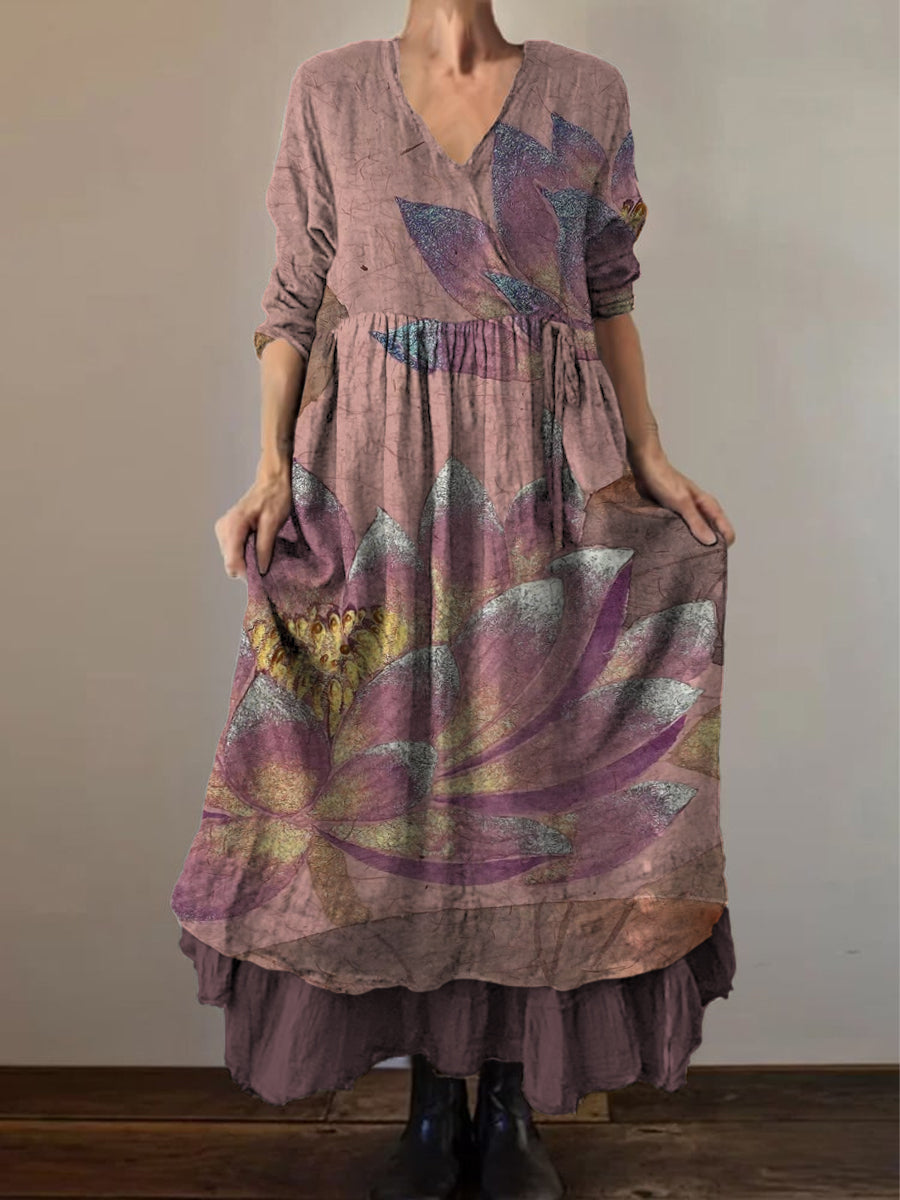 Retro Boho Floral Print Vintage col en V Double ourlet en coton à manches longues Midi Dress A / S
