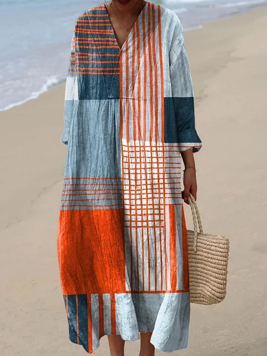 Rétro géométrique Figure imprimé col en V Vintage Casual lâche robe à manches longues A / S