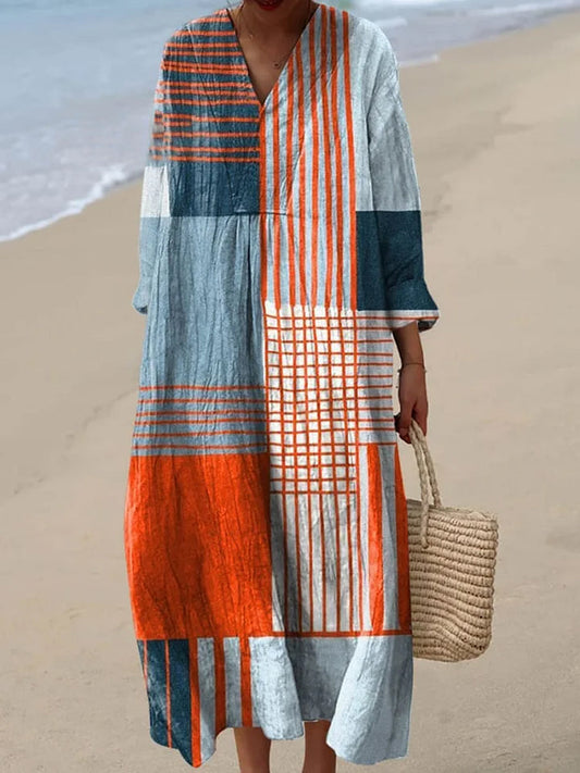 Rétro géométrique Figure imprimé col en V Vintage Casual lâche robe à manches longues A / S
