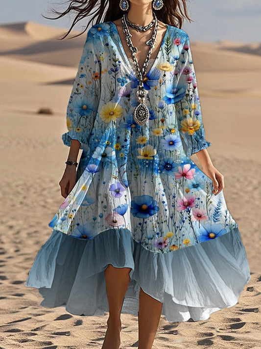 Vintage col en V bohème imprimé floral élégant Chic Loose Midi Dress A / S