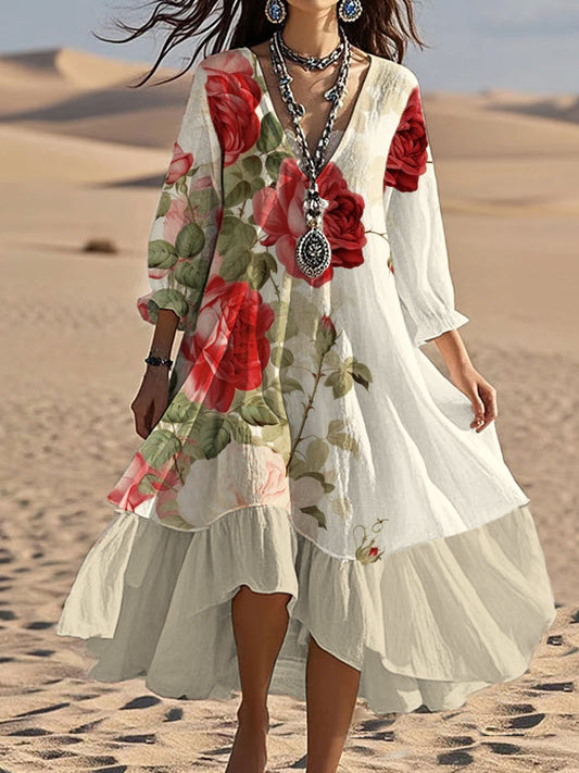Vintage col en V bohème imprimé floral élégant Chic Loose Midi Dress A / S
