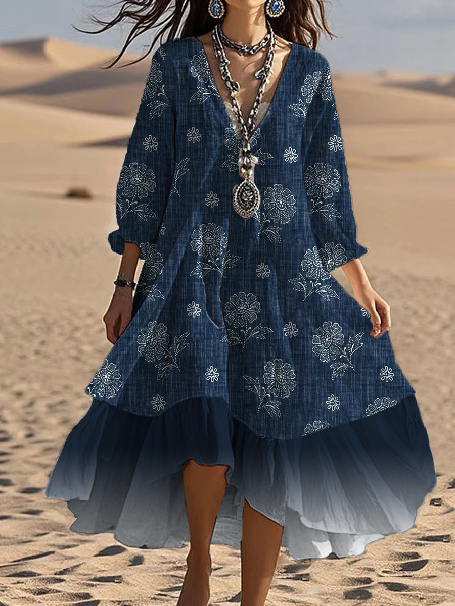 Vintage col en V bohème imprimé floral élégant Chic Loose Midi Dress A / S