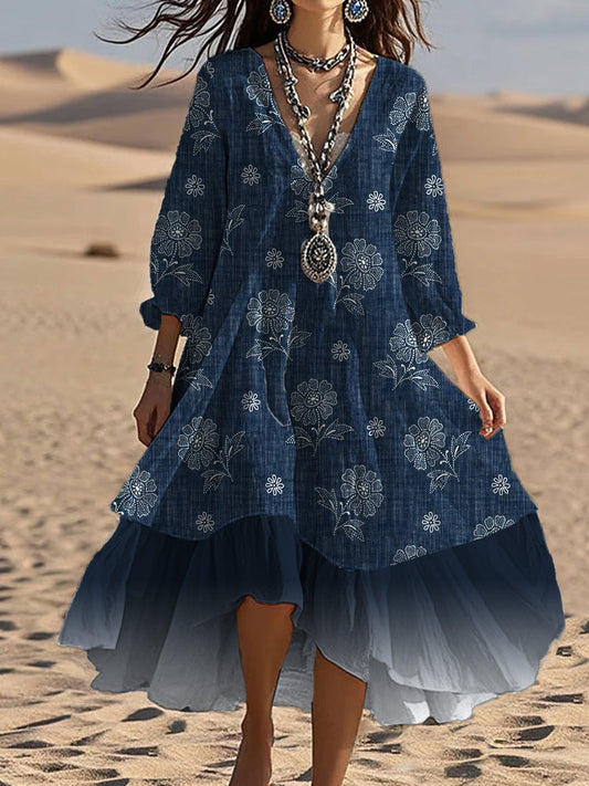 Vintage col en V bohème imprimé floral élégant Chic Loose Midi Dress A / S