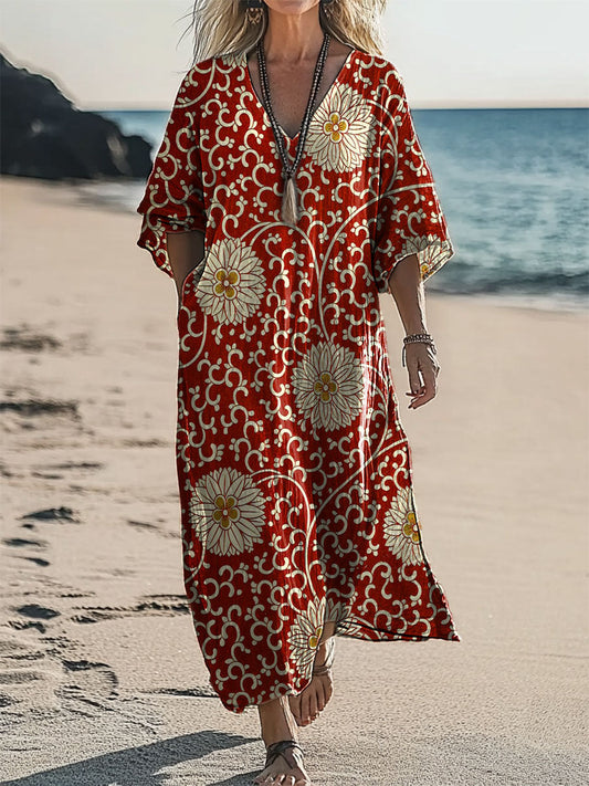 Vintage col en V bohème imprimé floral élégant Chic Loose Midi Dress A / S