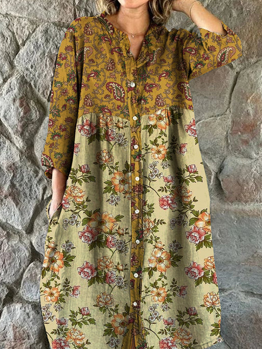 Vintage Bohème Floral Art Print Chic V cou trois quarts manches bouton robe élégante Midi A / S