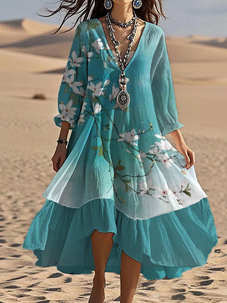 Vintage col en V bohème imprimé floral élégant Chic Loose Midi Dress A / S