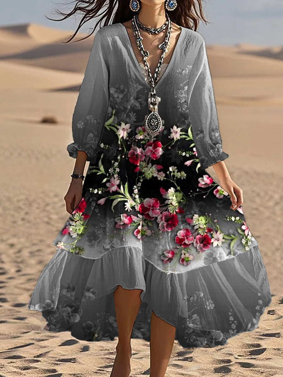 Vintage col en V bohème imprimé floral élégant Chic Loose Midi Dress A / S