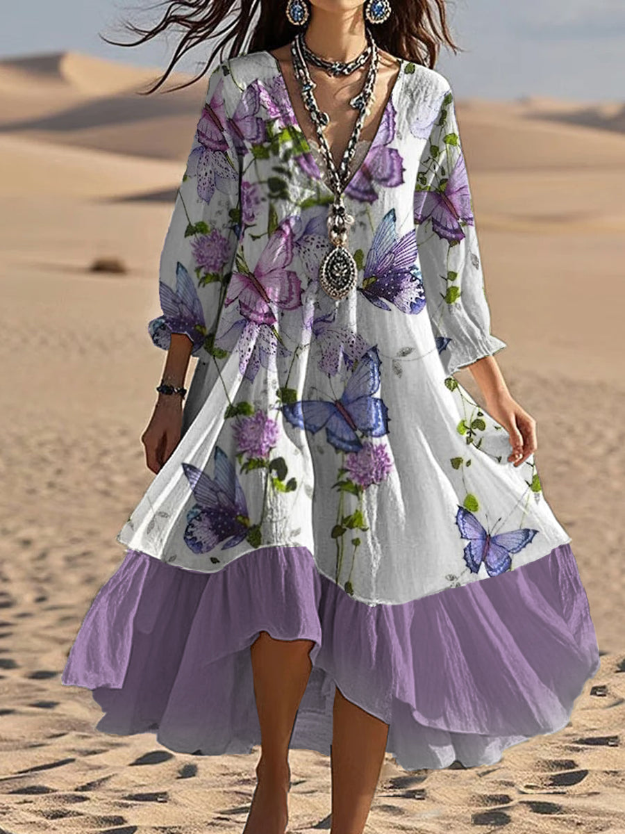 Vintage col en V bohème imprimé floral élégant Chic Loose Midi Dress A / S