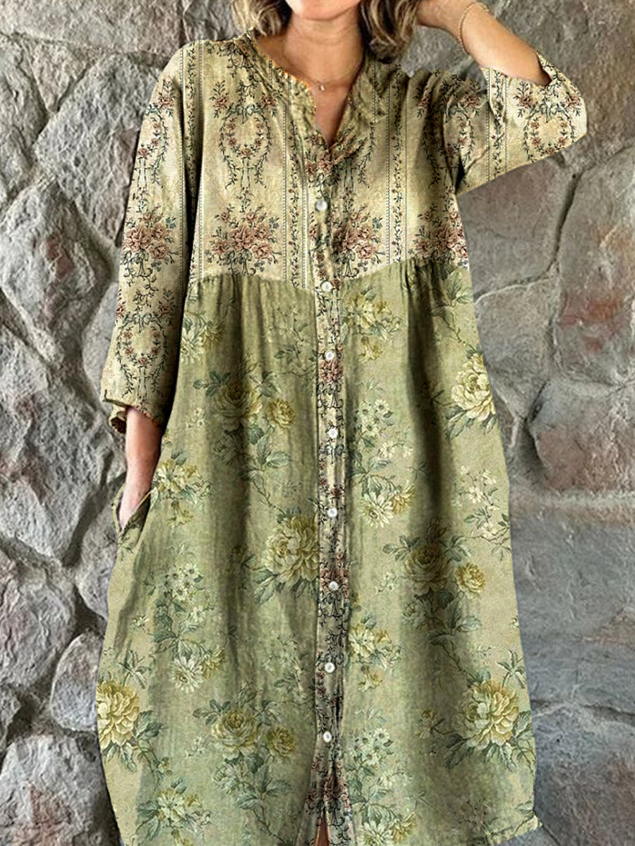 Vintage Bohème Floral Art Print Chic V cou trois quarts manches bouton robe élégante Midi A / S