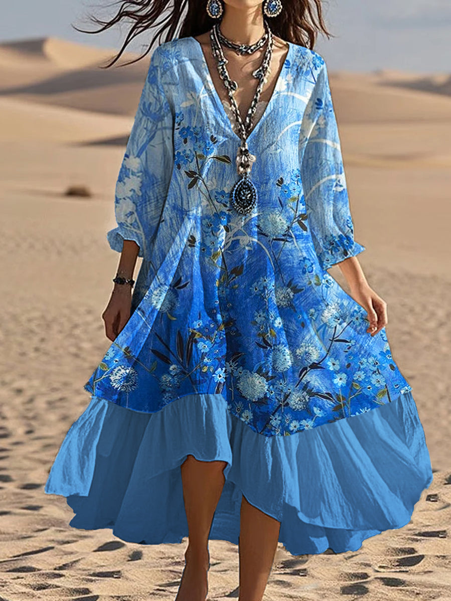 Vintage col en V bohème imprimé floral élégant Chic Loose Midi Dress A / S
