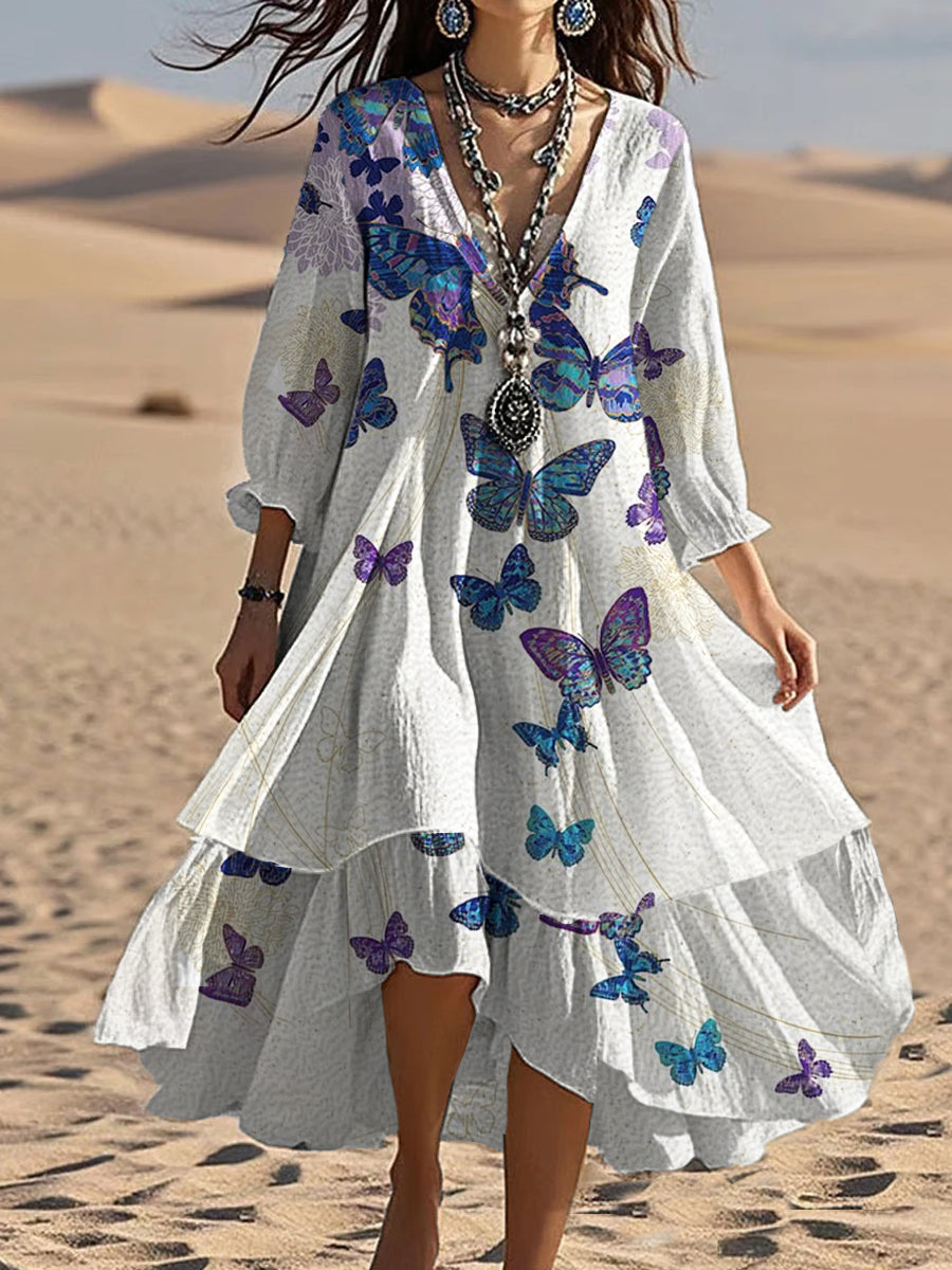 Vintage col en V Bohème Papillon Imprimer Élégant Chic Loose Midi Robe A / S