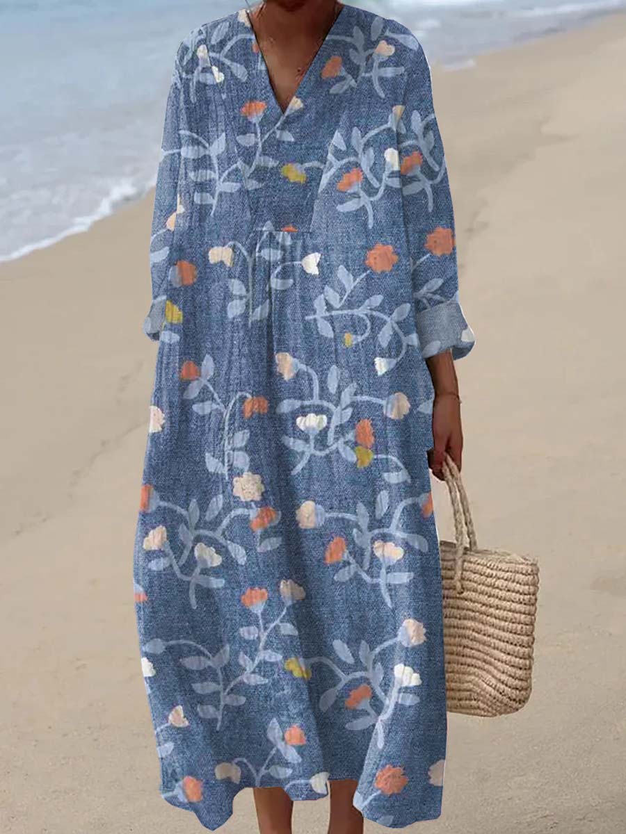 Mode Vintage Floral Art Print Casual V Neck Dress comme image / S