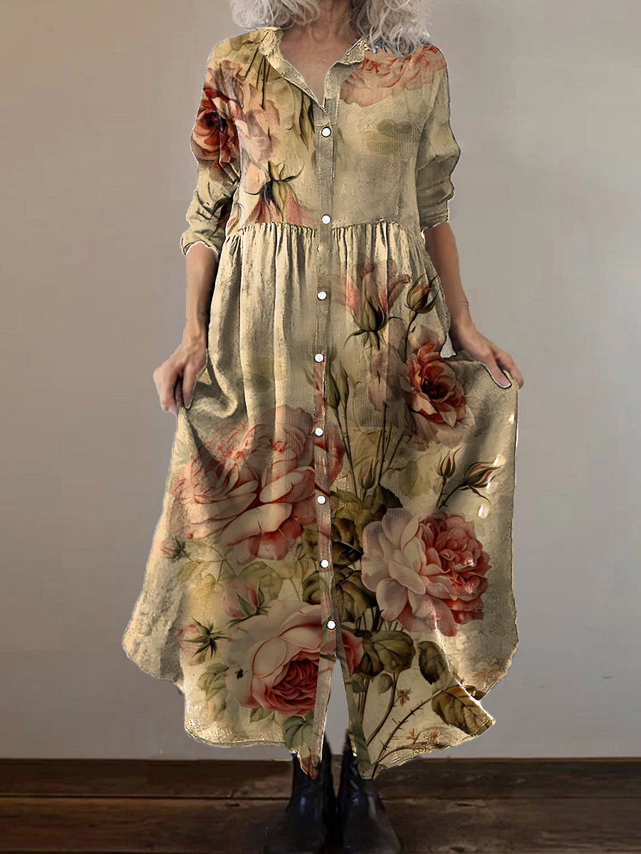 Vintage Bohème Floral Art Print Chic V cou trois quarts manches bouton robe élégante Midi A / S