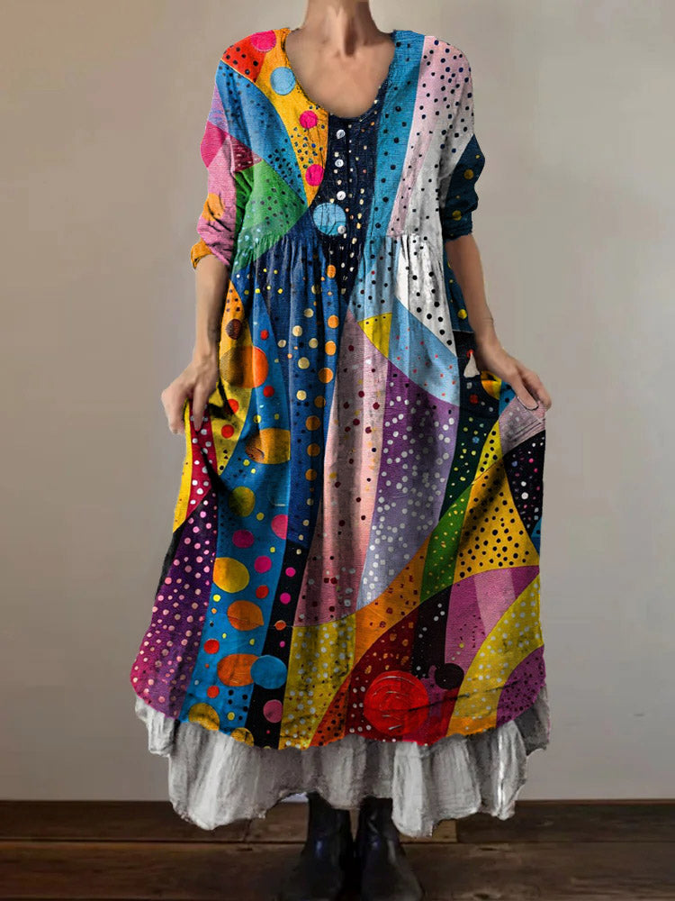 Vintage col en V Bohème Art Imprimer élégant Chic lâche Midi robe A / S