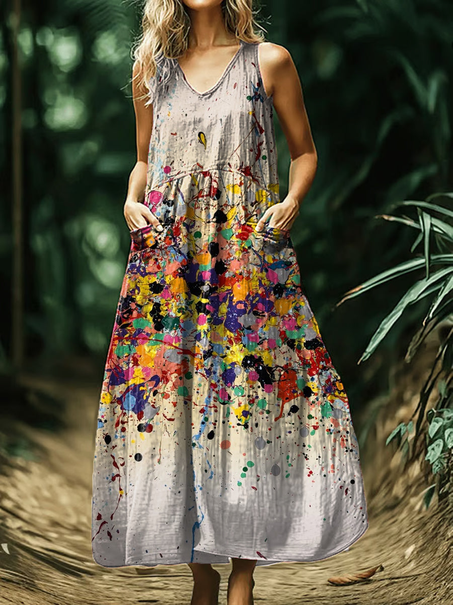 Vintage col en V Bohème Art Imprimer élégant Chic lâche Midi robe A / S